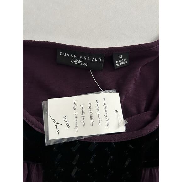 Susan Graver Artisan Beaded Velvet Detail Blouse Womens Size 12 Purple Boho NWT - Picture 5 of 9